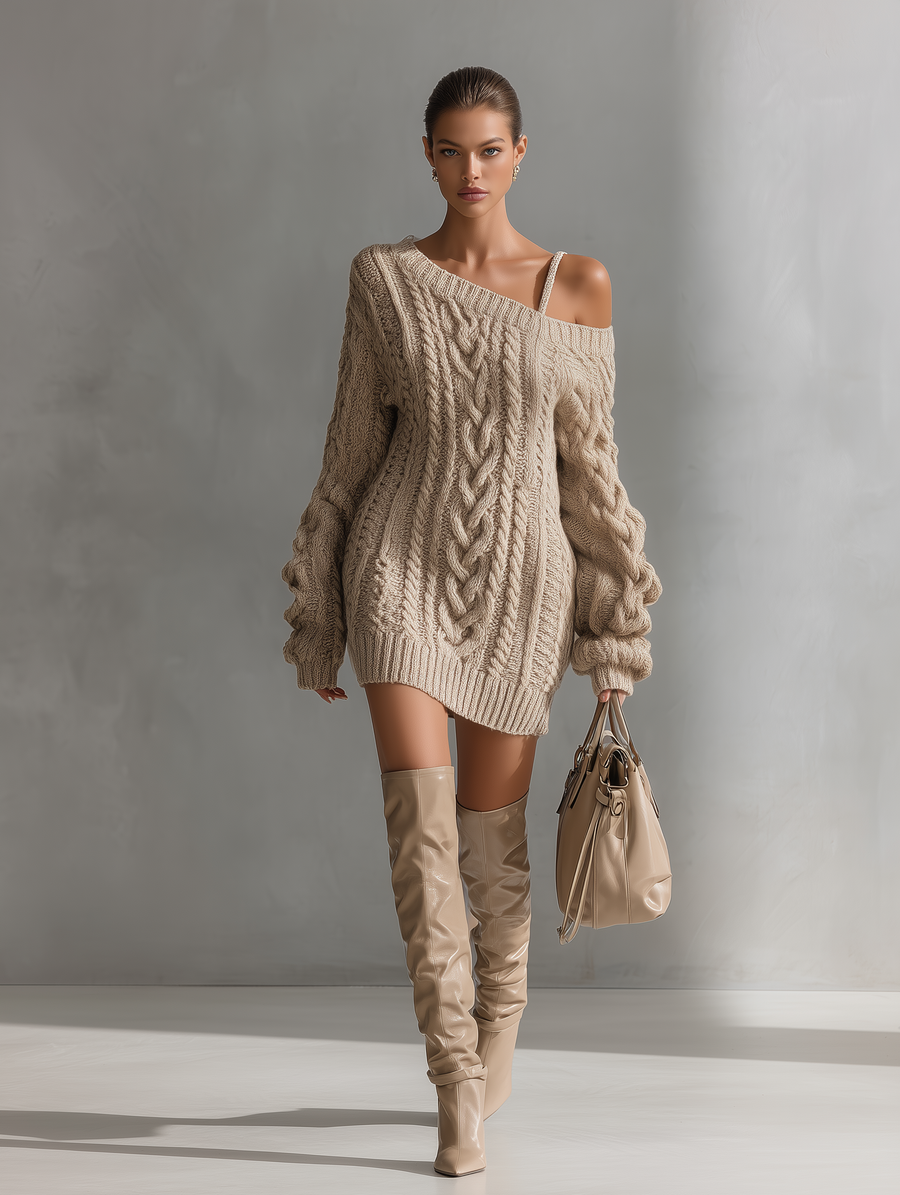 Beige Cable Knit Dress