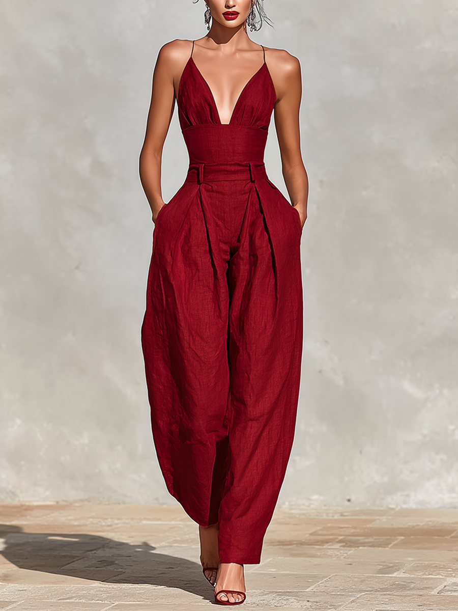 Red Linen Jumpsuit