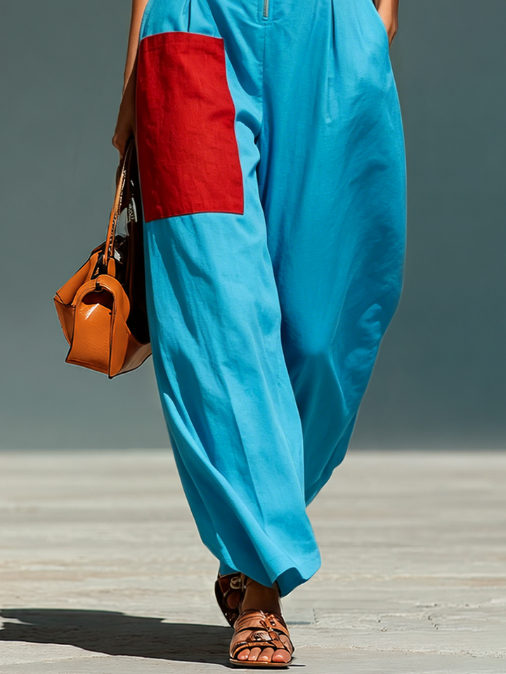 Women’s Blue Linen-Blend Sleeveless Jumpsuit With Red Patch Pockets & Half-Zip Stand Collar MDZ0982E4T