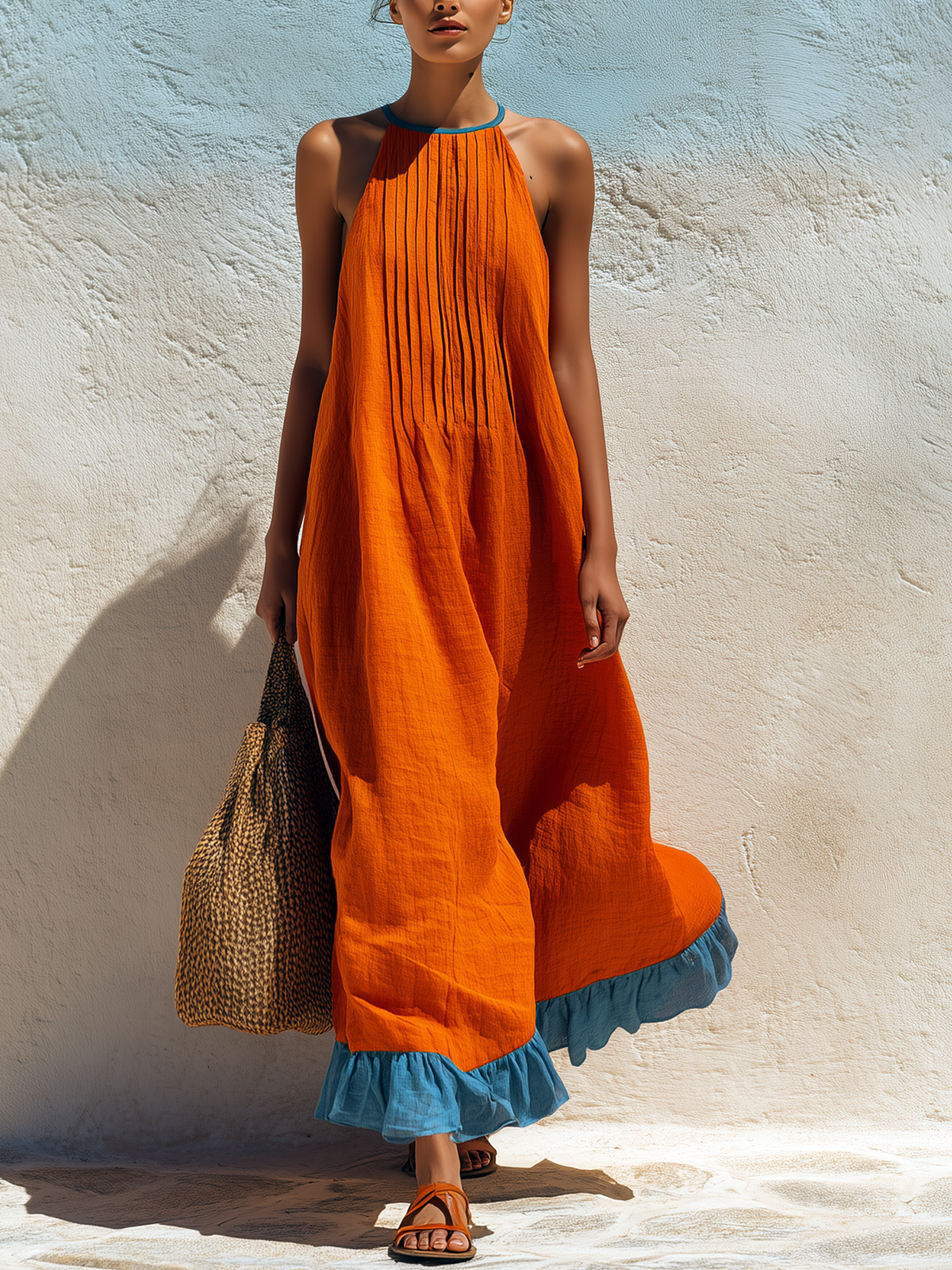 Sunset Pleated Halter Maxi Dress – Contrast Ruffle Hem