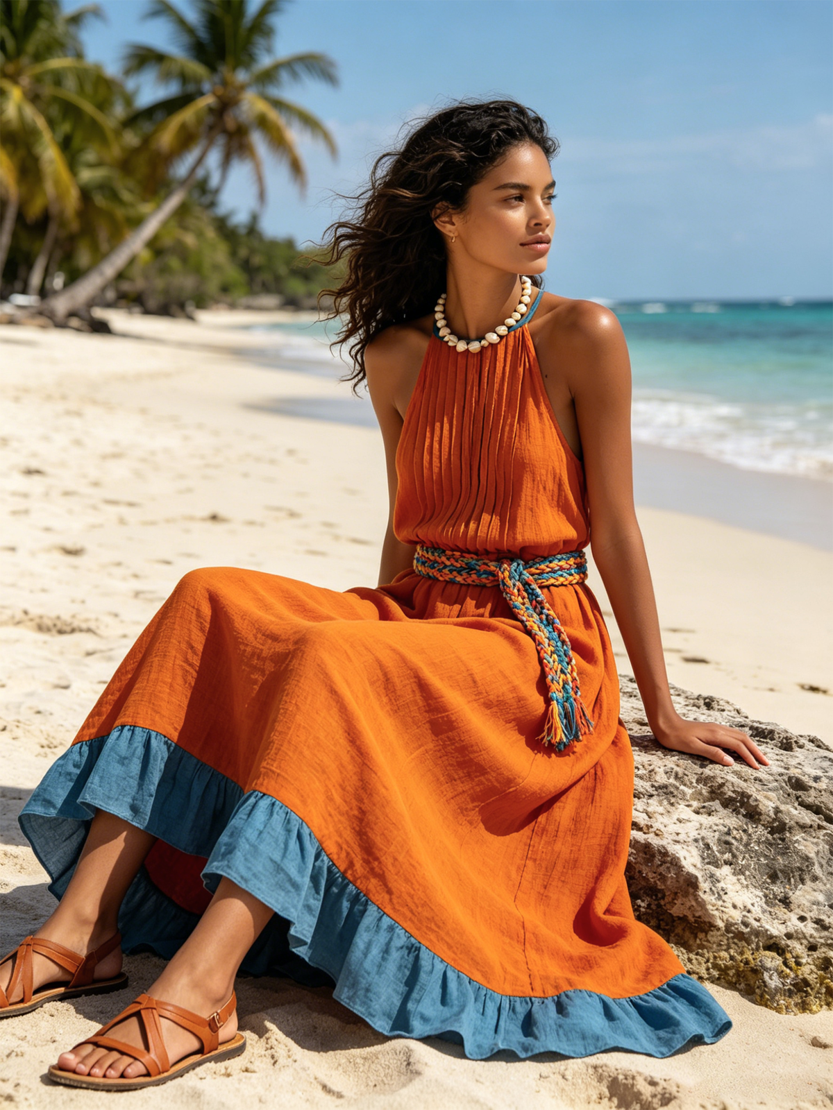 Sunset Pleated Halter Maxi Dress – Contrast Ruffle Hem
