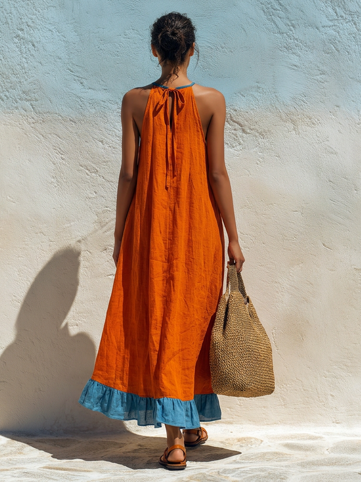 Sunset Pleated Halter Maxi Dress – Contrast Ruffle Hem