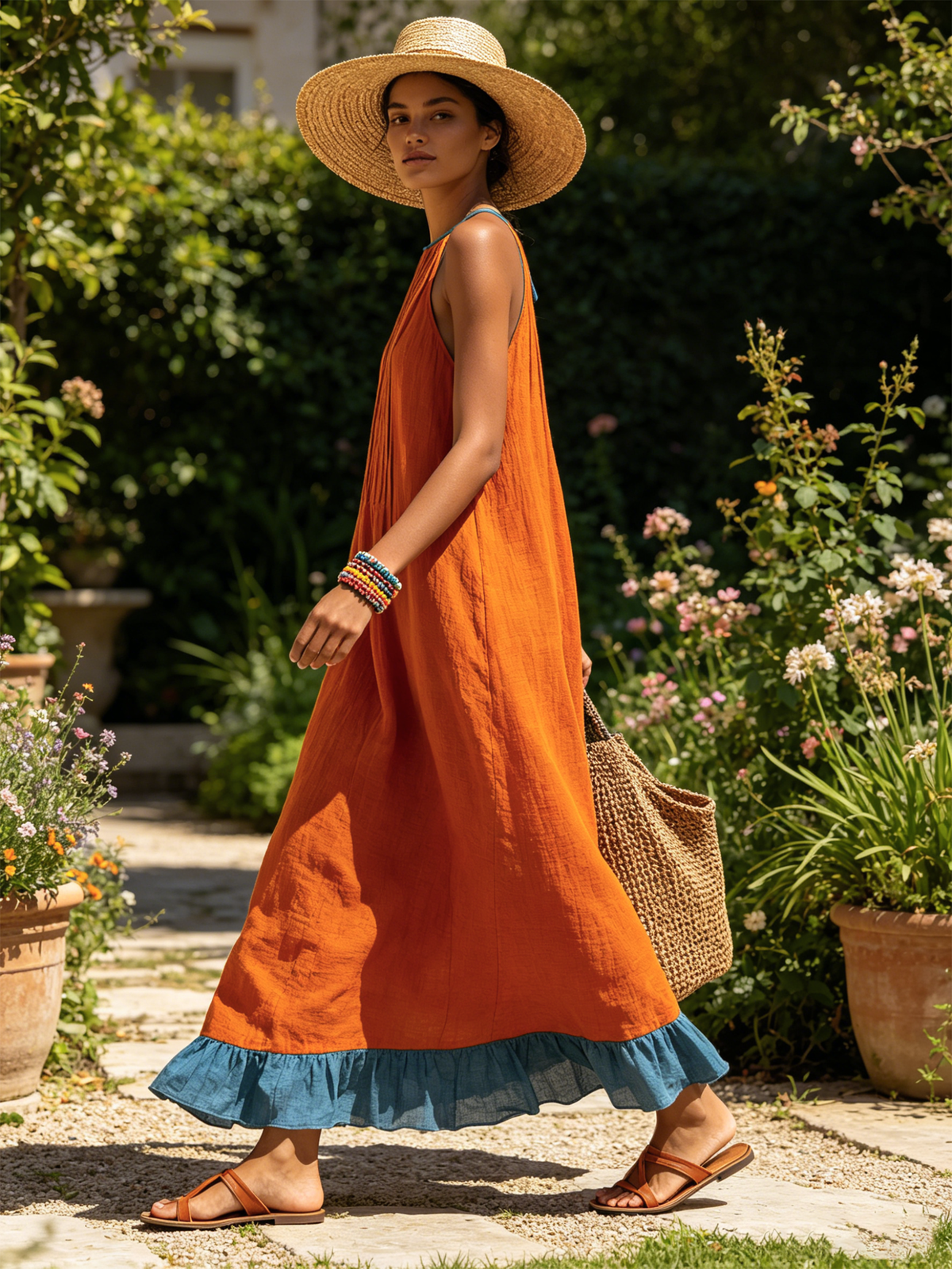 Sunset Pleated Halter Maxi Dress – Contrast Ruffle Hem