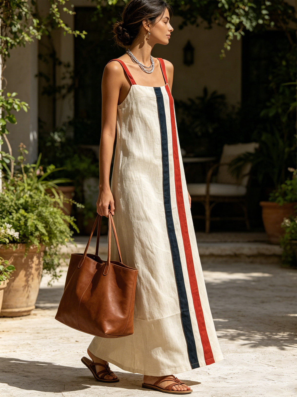 Vertical Stripe Sleeveless Linen Maxi Dress