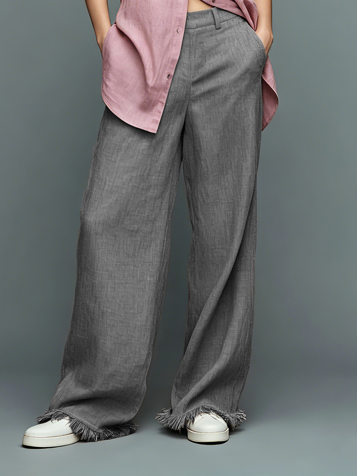 Women's Minimalist Linen-Blend Sleeveless Shirt And Straight-Leg Trousers Set With Fringed Hem MDZ3077F2WY