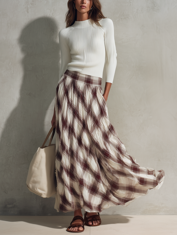 Women's Casual Off-white Long-sleeved Knit Top With A Round Neck, Paired With A Dark Red Printed Chiffon Skirt MDZ0122G6LXY