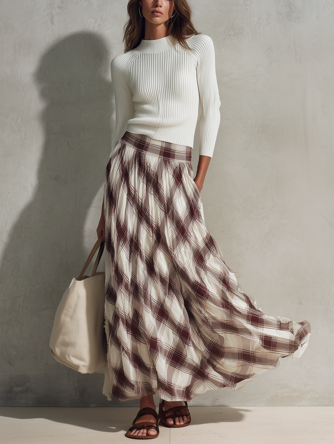 Off-White Knit Top & Chiffon Skirt
