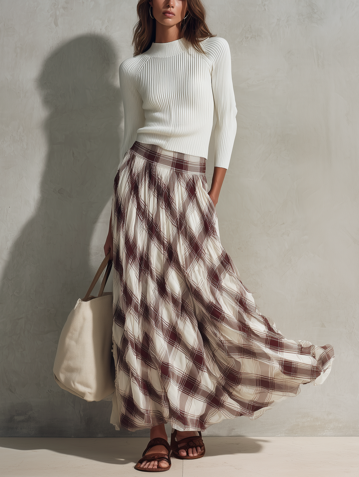 Off-White Knit Top & Chiffon Skirt