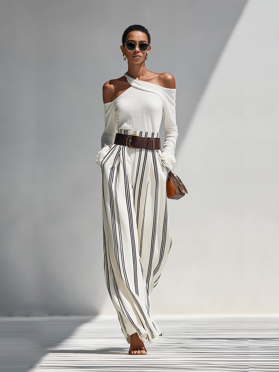 Women's Solid White Light Knit Co-Ord With One Shoulder Cutout Blouse & Pleated Striped Flow Palazzo Trousers, Modern Effortless-Chic Daily Casual Two-Piece Set (without Belt) MDZ0199G0LYL