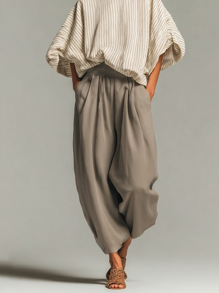 Women's Beige Pinstripe Woven Co-Ord With Loose Boat Neck Bubble Sleeve Top & High Waist Baggy Gray Side Pocket Trousers, Modern Effortless-Chic Daily Two-Piece Set MDZ0187G8LYL