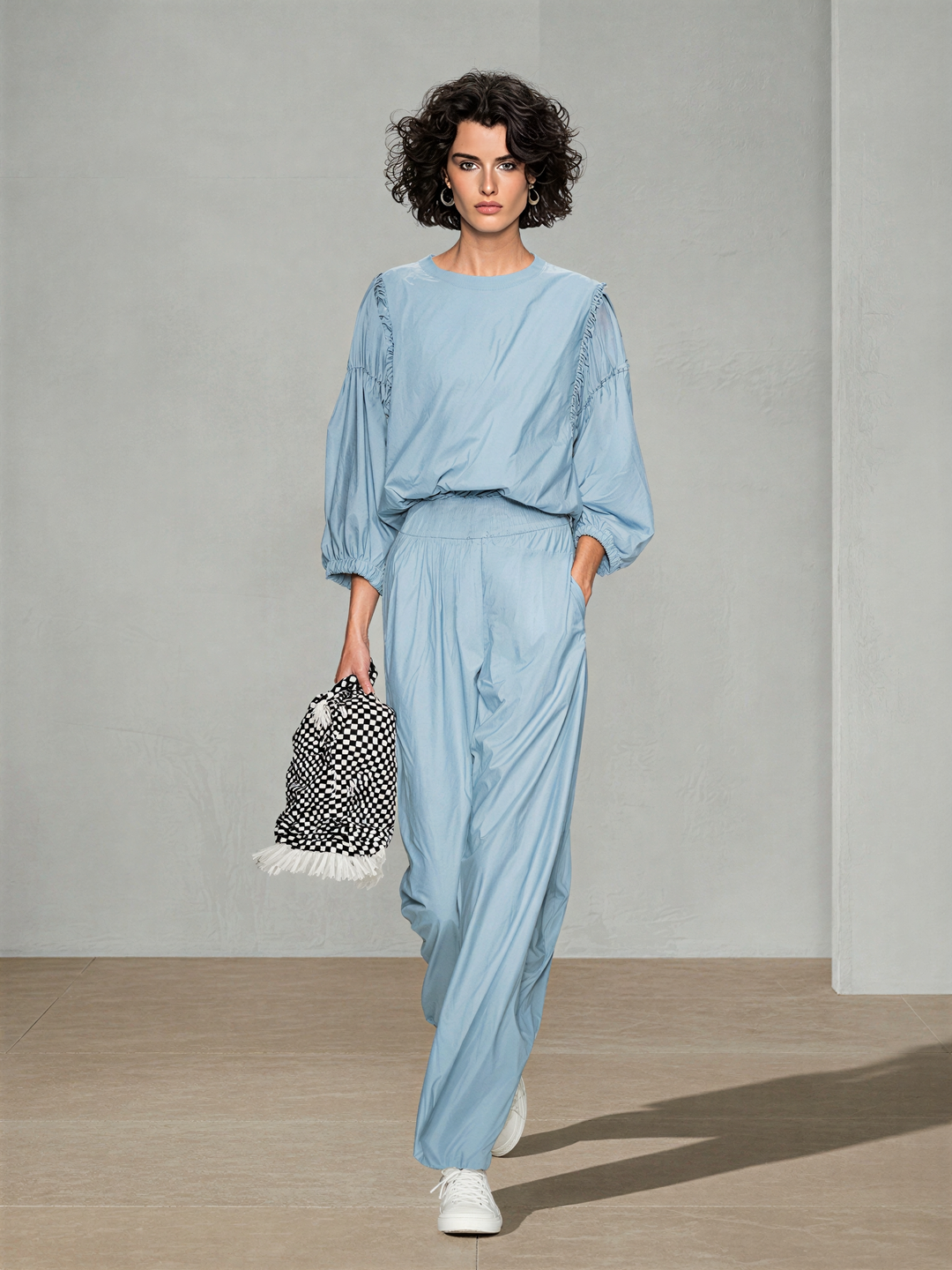 Women's Pale Blue Breathable Poly Cotton Co-Ord With Elastic Cuff Puff Sleeve Top & Side Pocket Loose Straight Trousers, Modern Effortless-Chic Daily Casual Two-Piece Set MDZ0217G3LYL