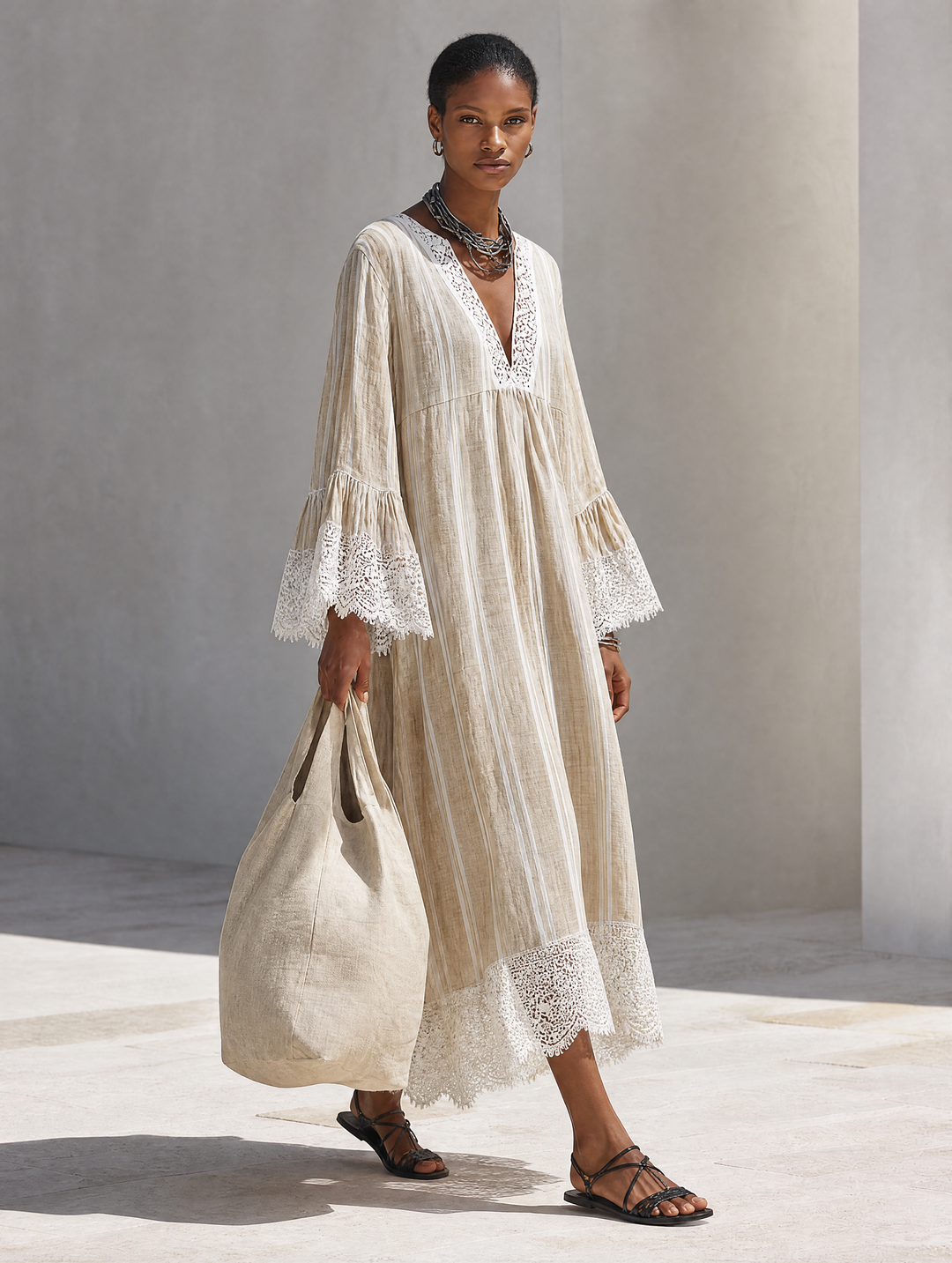 Beige Stripe Maxi Dress