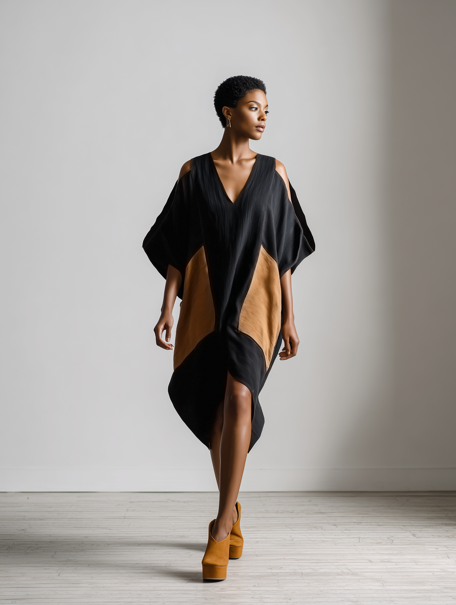 Women’s Black & Brown Cotton-linen Blend Geometric Color Block Cold Shoulder V Neck Batwing Sleeve Midi Dress MDZ0710G5YZJ