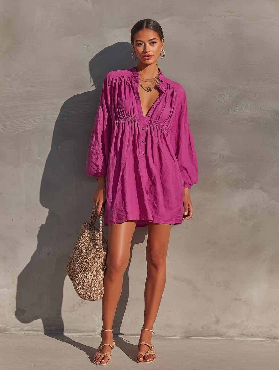 Women’s Fuchsia Cotton-linen Blend Ruffle Collar Half Button Bubble Long Sleeve Gathered Waist Loose Mini Shirt Dress MDZ0728G5YZJ