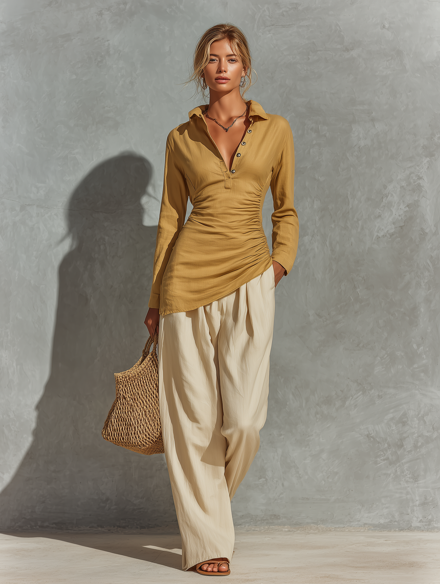 Women’s Mustard Linen Collar Half Button Side Ruched Asymmetrical Hem Long Sleeve Top & Beige High Waist Pocket Wide Leg Pants Two Piece Matching Set MDZ0746G9YZJ