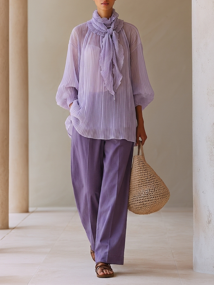 Women's Light Purple Crinkle Chiffon Two-Piece Set With Ruffled Tie Neck Balloon Sleeve Blouse & Solid High Waist Wide Leg Pants, Elegant Resort Matching Outfit MDZ0774G7LYL