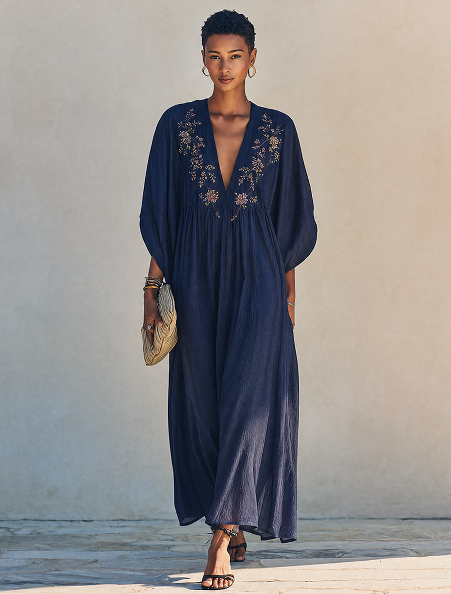 Women's Minimalist Cotton-Linen Maxi Dress With Floral Embroidery, Deep V-Neck, And Batwing Sleeves MDZ0895G0ZRK