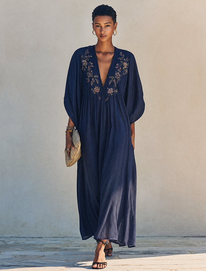 Women's Minimalist Cotton-Linen Maxi Dress With Floral Embroidery, Deep V-Neck, And Batwing Sleeves MDZ0895G0ZRK