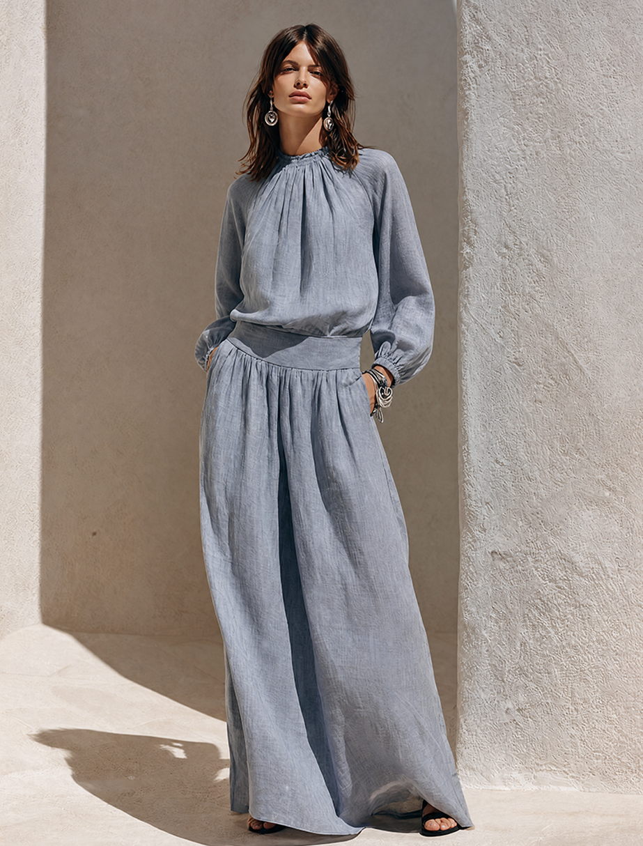 Women's Blue-Grey Solid Cotton-Linen Maxi Dress With Ruffled High Neck MDZ0858G7ZRK
