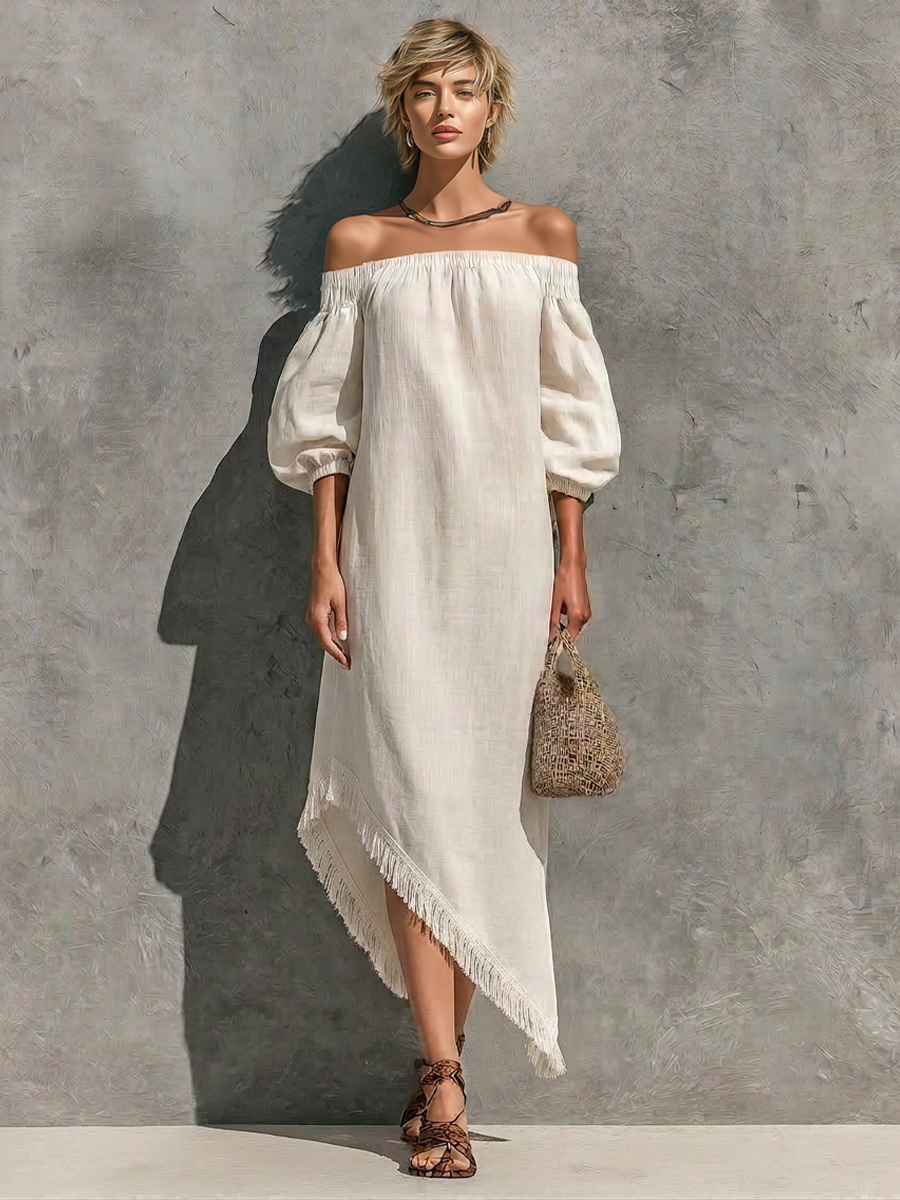 Women’s Off White Cotton-linen Blend Off The Shoulder Elastic Neck Puff Cuffed Sleeve Asymmetrical Fringe Hem Maxi Dress MDZ0777G7YZJ