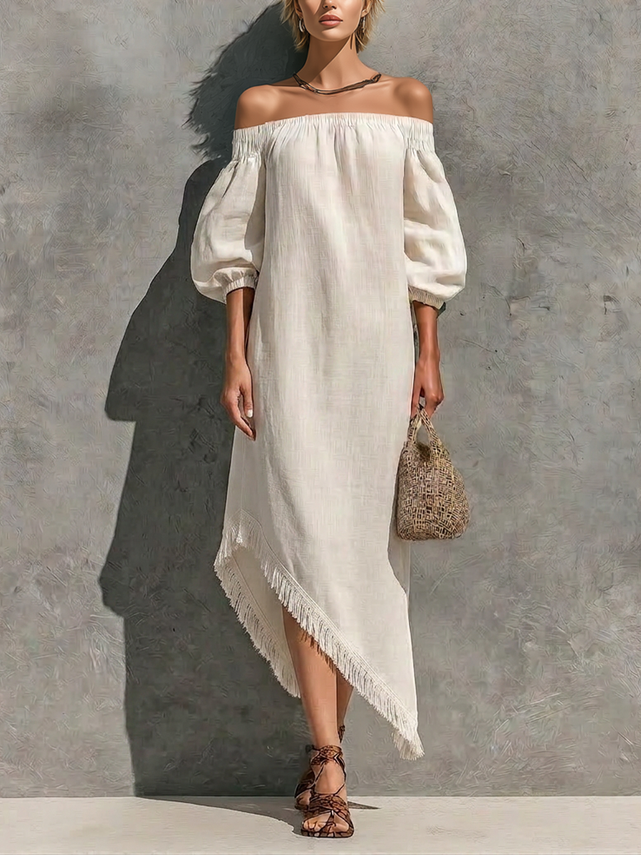 Women’s Off White Cotton-linen Blend Off The Shoulder Elastic Neck Puff Cuffed Sleeve Asymmetrical Fringe Hem Maxi Dress MDZ0777G7YZJ