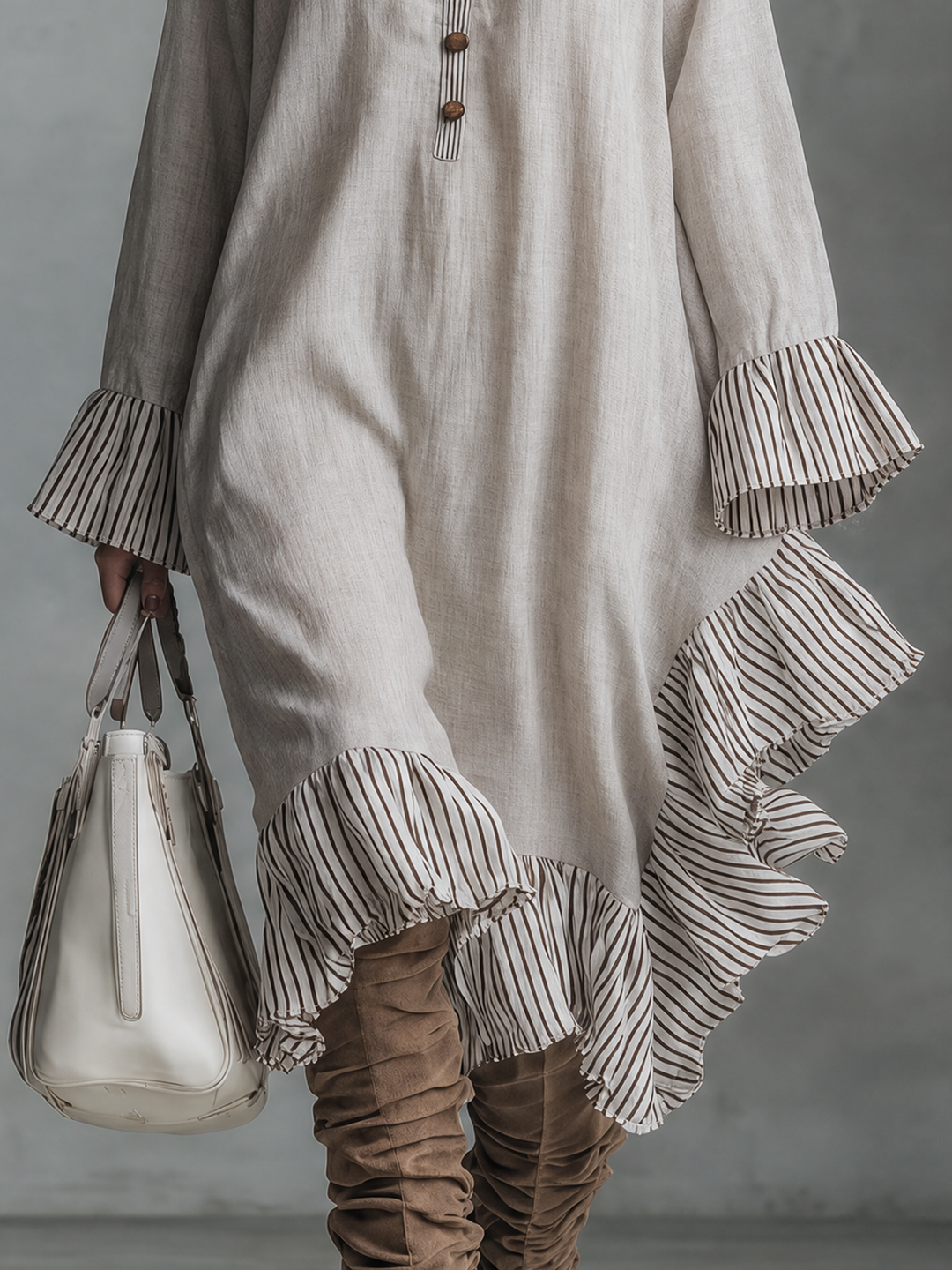 Women's Minimalist Striped Color-Block Midi Dress With Long Sleeves, Stand Collar, And Asymmetrical Hem MDZ0805G9WY