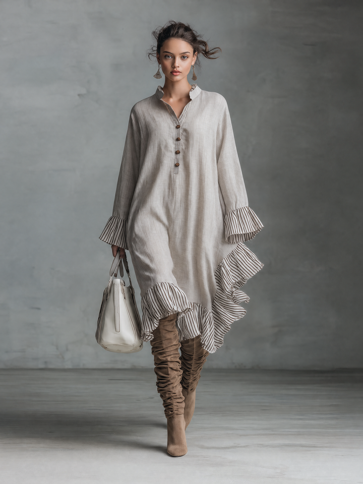 Women's Minimalist Striped Color-Block Midi Dress With Long Sleeves, Stand Collar, And Asymmetrical Hem MDZ0805G9WY