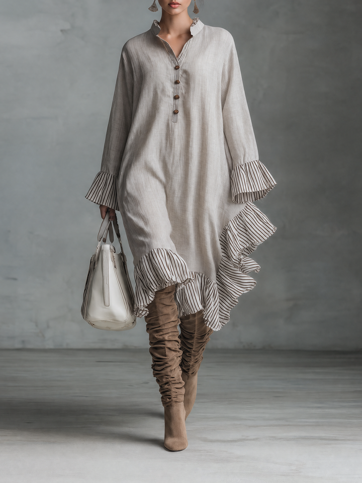 Women's Minimalist Striped Color-Block Midi Dress With Long Sleeves, Stand Collar, And Asymmetrical Hem MDZ0805G9WY