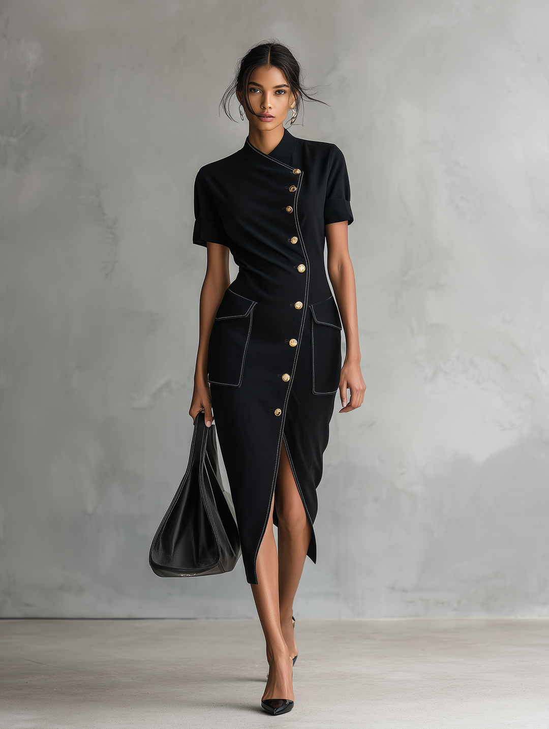 Women's Minimalist Asymmetric Single-Breasted Short-Sleeve Midi Dress MDZ0886G0WY