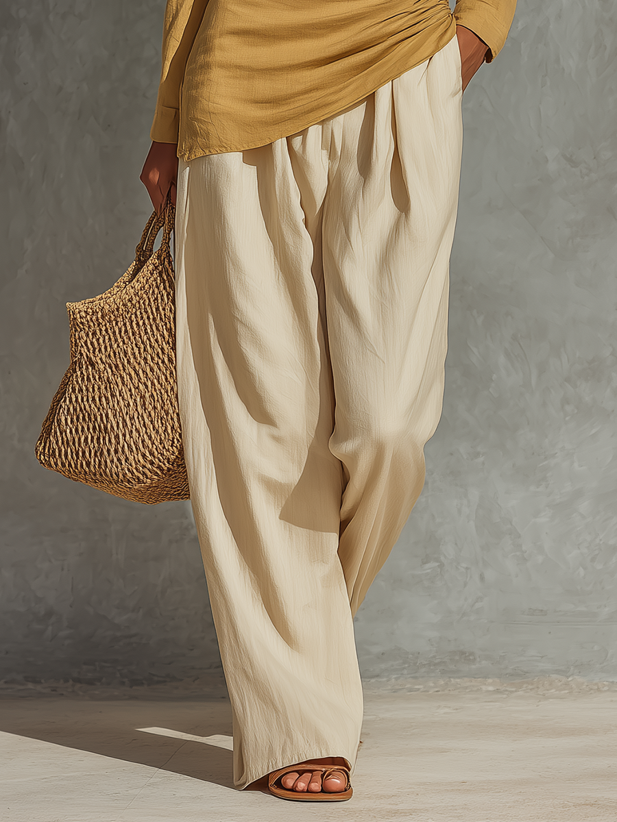 Women’s Mustard Linen Collar Half Button Side Ruched Asymmetrical Hem Long Sleeve Top & Beige High Waist Pocket Wide Leg Pants Two Piece Matching Set MDZ0746G9YZJ