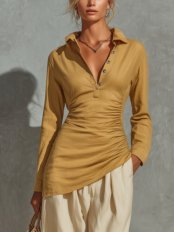 Women’s Mustard Linen Collar Half Button Side Ruched Asymmetrical Hem Long Sleeve Top & Beige High Waist Pocket Wide Leg Pants Two Piece Matching Set MDZ0746G9YZJ