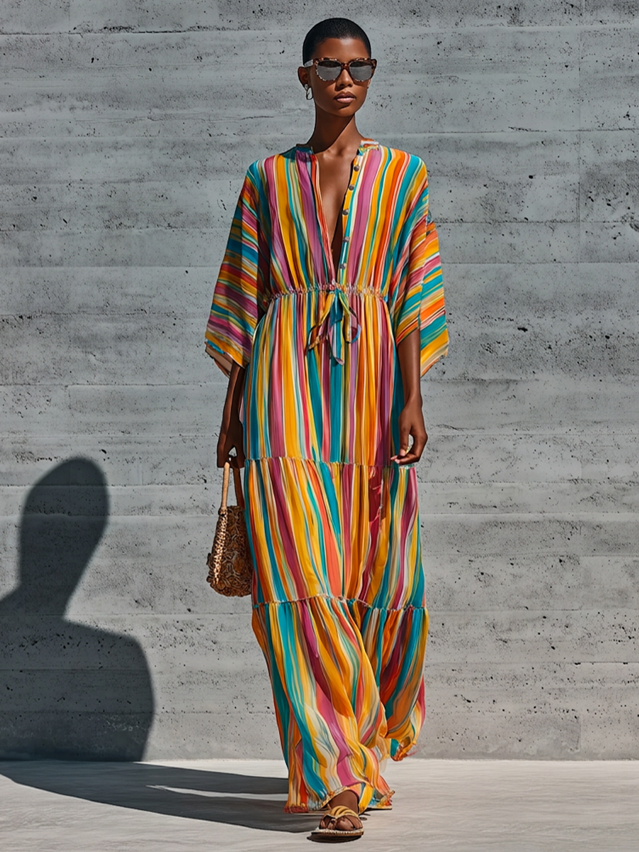 Women’s Rainbow Vertical Stripe Chiffon Stand Collar Half Button Kimono Sleeve Drawstring Waist Tiered Ruffle Maxi Dress MDZ0757G3YZJ