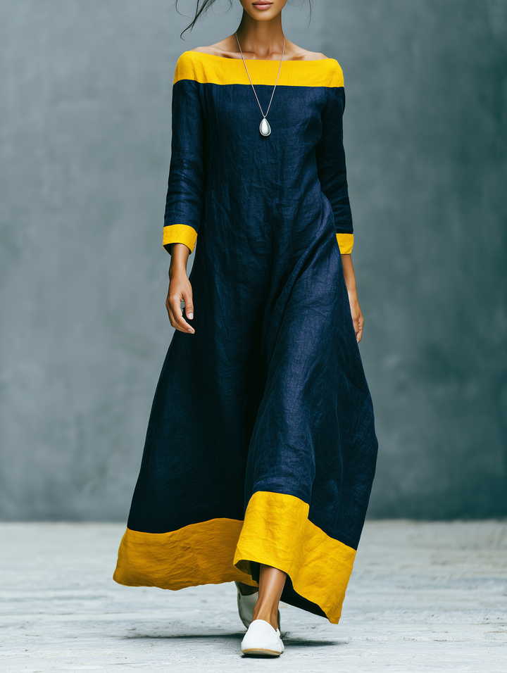 Women's Minimalist Color-Block Linen-Blend Maxi Dress With Crew Neck And Three-Quarter Sleeves MDZ0992G2WY