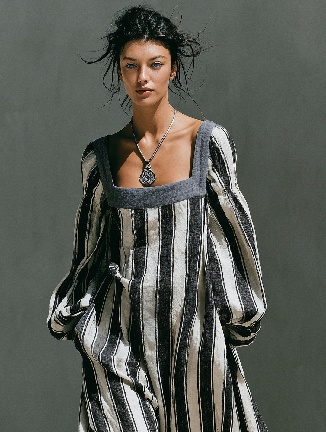 Women's Minimalist Striped Print Square-Neck Long-Sleeve Maxi Dress MDZ0909G9WY
