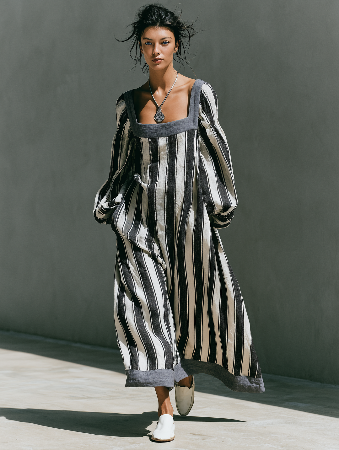 Women's Minimalist Striped Print Square-Neck Long-Sleeve Maxi Dress MDZ0909G9WY