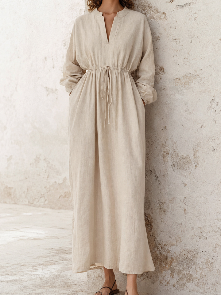 Women's Elegant Casual Off-White Cotton-Linen Drawstring Waist Stand-Collar Long-Sleeve Maxi Dress MDZ0979G6CMX