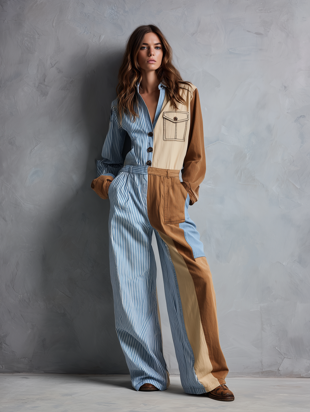 Women's Casual Long-Sleeve Jumpsuit With Woven Panel Detail MDZ0992G6LXY