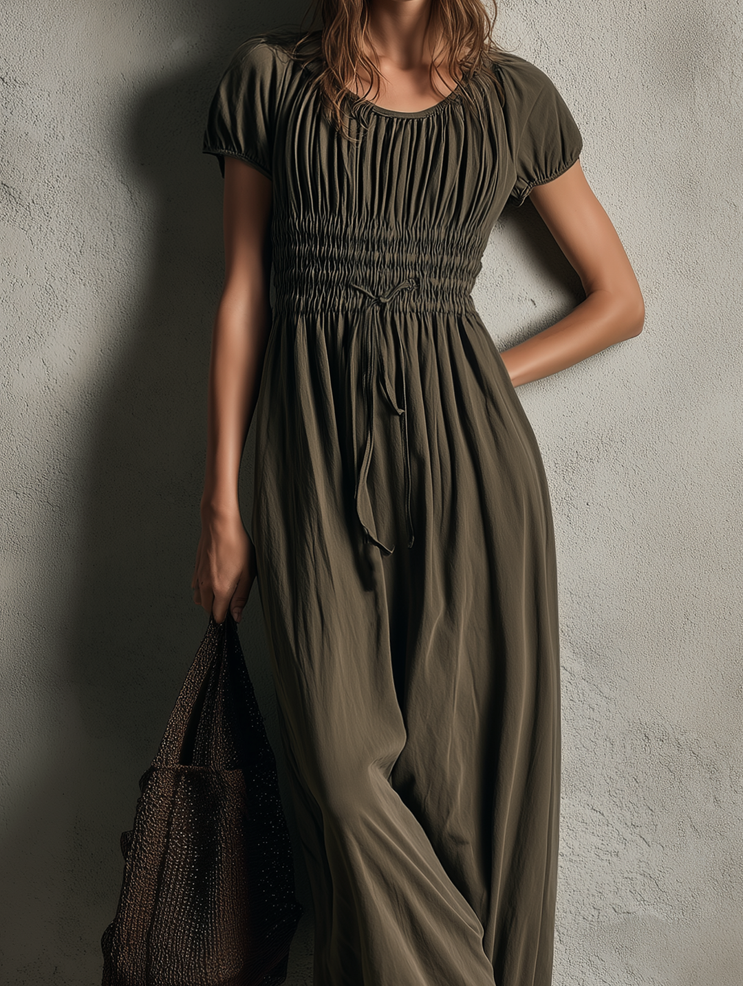 Women's Casual Dark Green Woven Short-sleeve Crew-neck Jumpsuit MDZ0978G8LXY