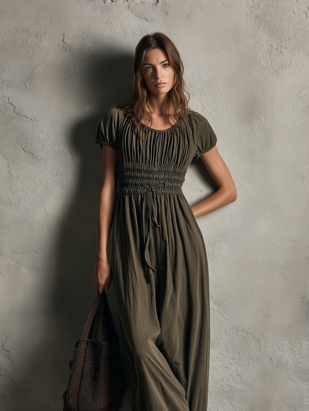 Women's Casual Dark Green Woven Short-sleeve Crew-neck Jumpsuit MDZ0978G8LXY