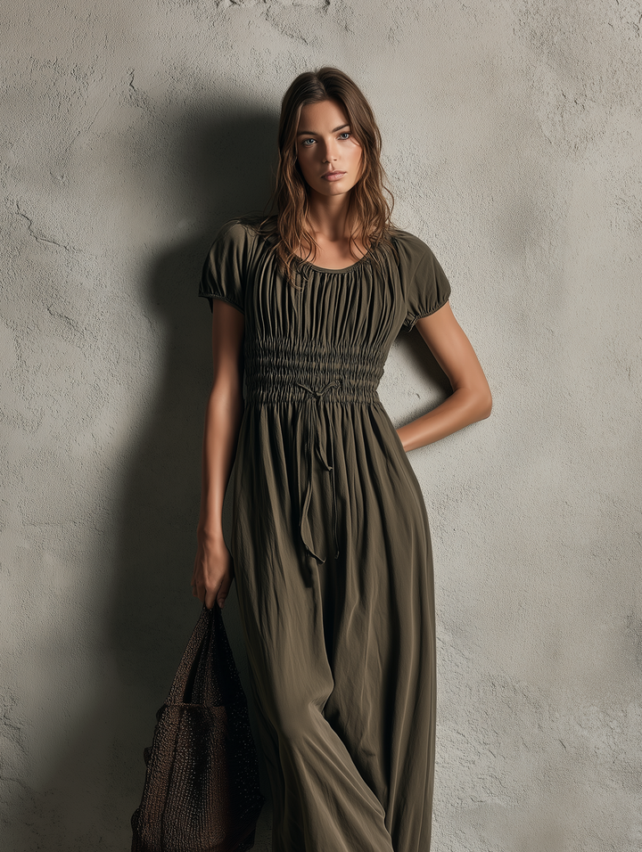 Women's Casual Dark Green Woven Short-sleeve Crew-neck Jumpsuit MDZ0978G8LXY