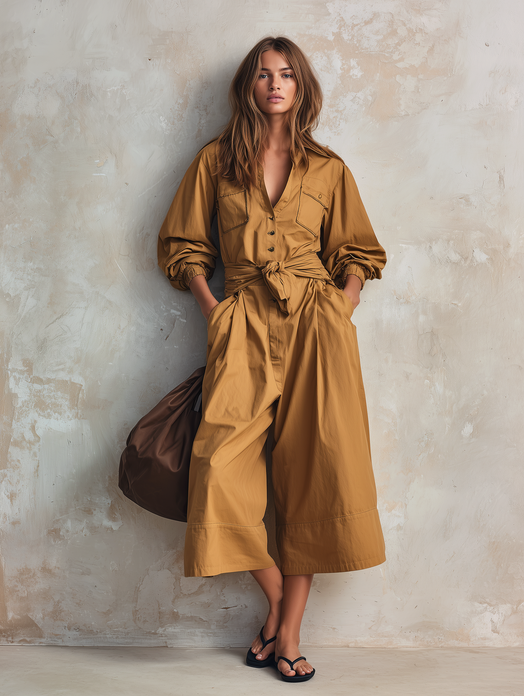 Women's Casual Khaki Woven Long-sleeve Cropped Jumpsuit MDZ0967G1LXY