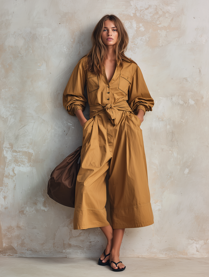 Women's Casual Khaki Woven Long-sleeve Cropped Jumpsuit MDZ0967G1LXY