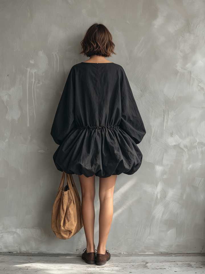 Women's Casual Black Long-sleeve Mini Dress With A Round Neck And Tulip Skirt MDZ0922G5LXY