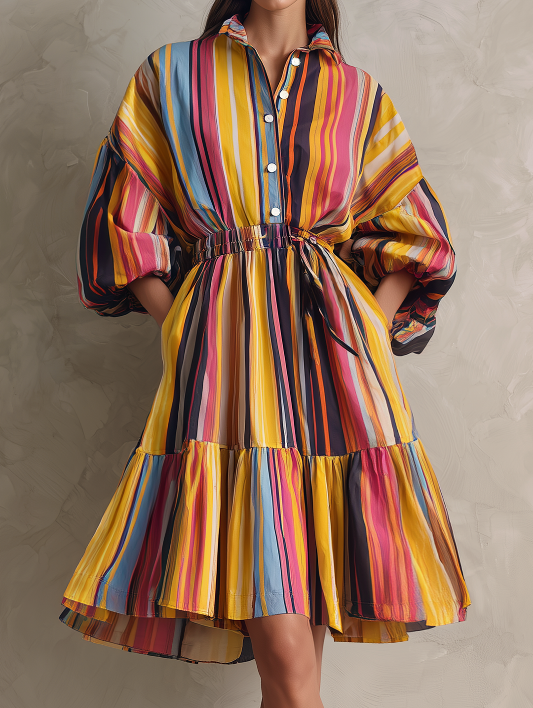 Women's Casual Woven Midi Dress With Colorful Print And 3/4 Sleeves MDZ0973G1LXY
