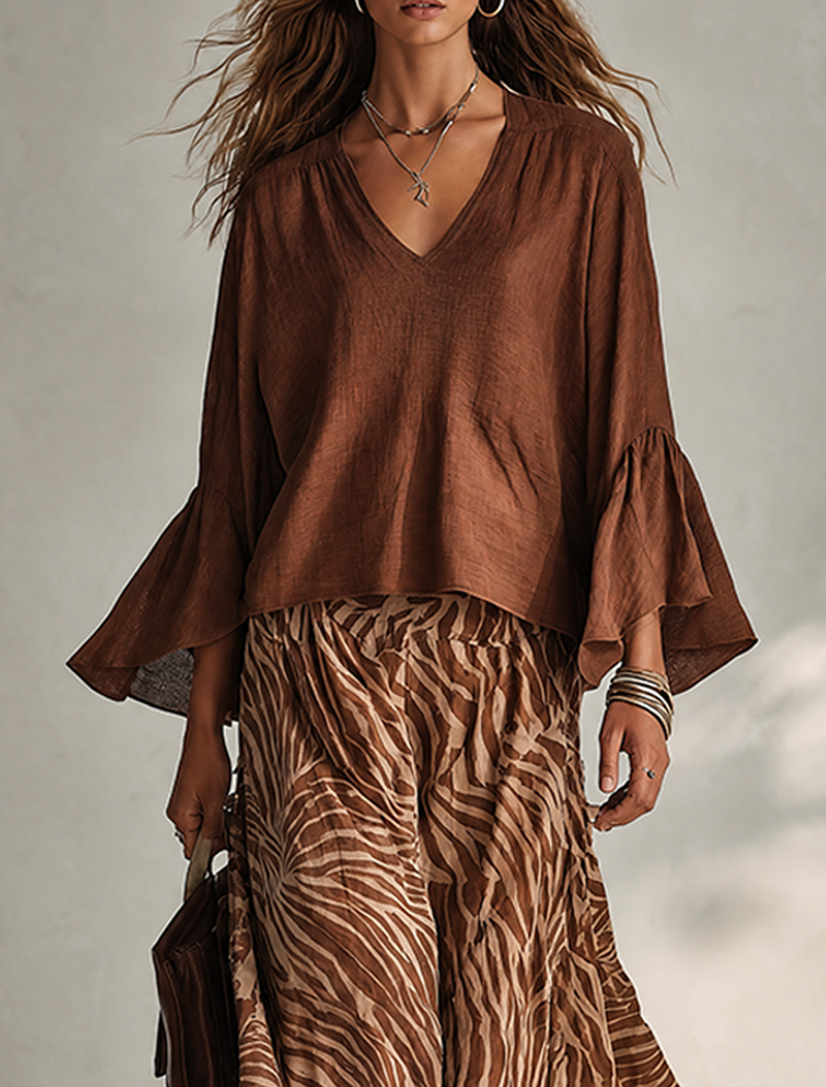 Women's Solid Brown Linen-Blend V-Neck Flared-Sleeve Loose Bohemian Top MDZ0925G6ZRK