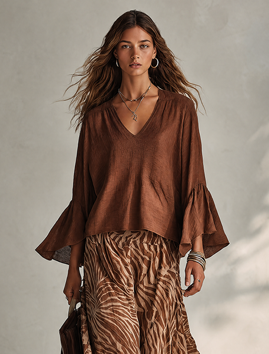 Women's Solid Brown Linen-Blend V-Neck Flared-Sleeve Loose Bohemian Top MDZ0925G6ZRK