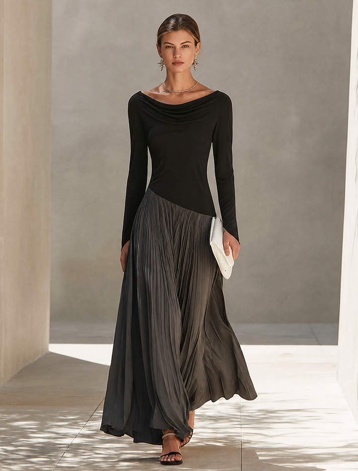 Women's Minimalist Two-Tone Color-Block Maxi Dress With Drape Neckline  MDZ0907G9ZRK