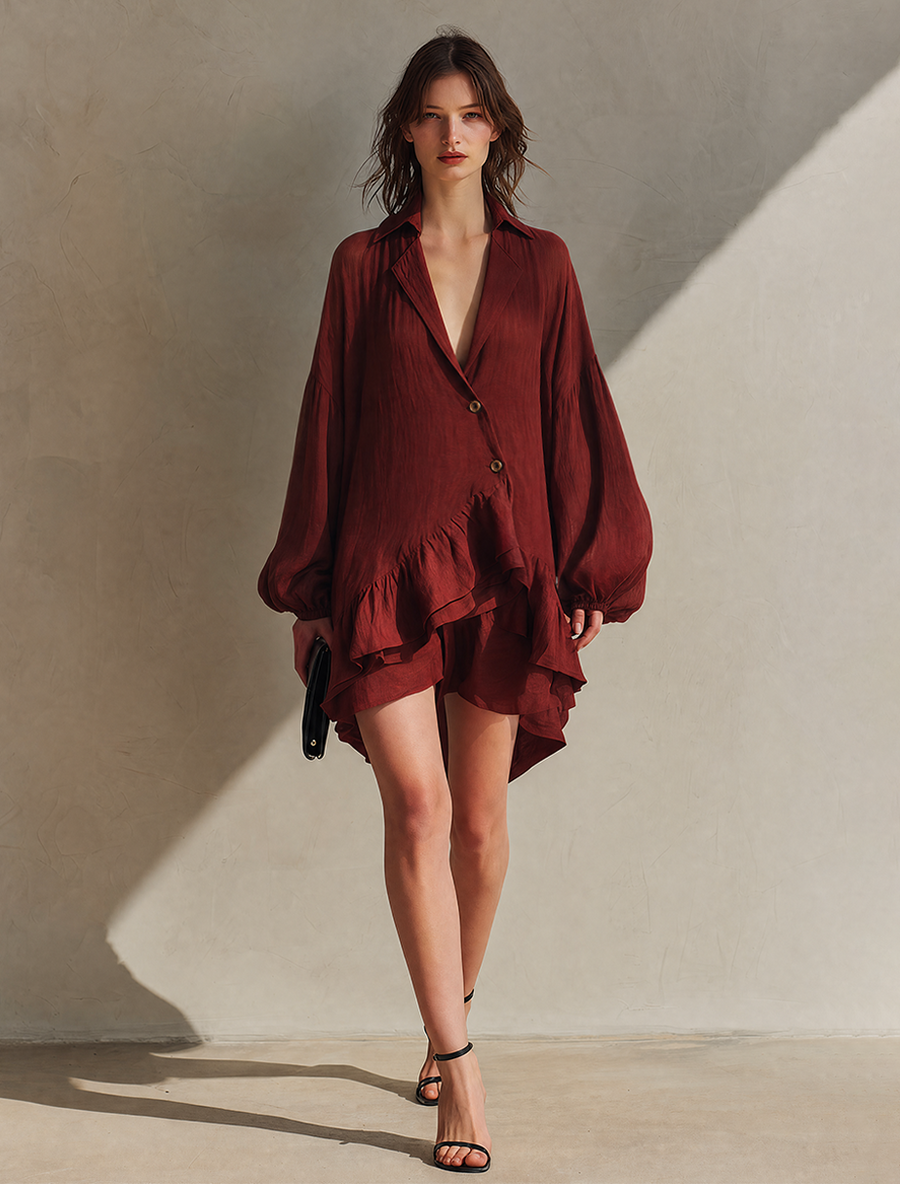 Women's Minimalist Solid Red Cotton-Linen Blend Single-Breasted Collared Long-Sleeve Mini Dress MDZ0971G6ZRK