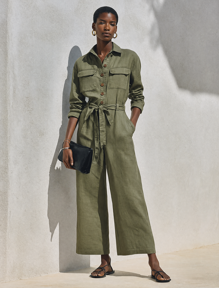 Women's Minimalist Linen-Blend Long-Sleeve Wide-Leg Jumpsuit MDZ0980G6ZRK