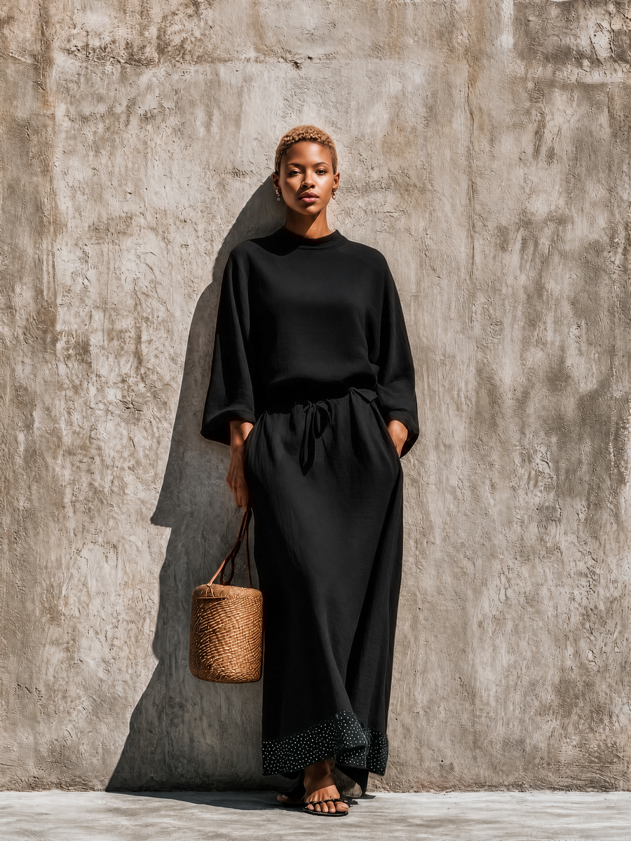 Women's Solid Black Linen Blend High Neck Loose Top Matching Wide Leg Polka Dot Trim Maxi Skirt Two Piece Set MDZ0975G7YZJ